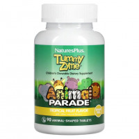 NaturesPlus, Source of Life, Animal Parade, Tummy Zyme с активными ферментами, цельными продуктами и пробиотиками, натуральный вкус тропических фруктов, 90 таблеток в форме животных