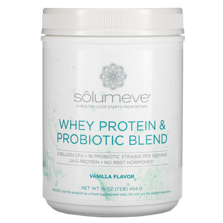 Solumeve, сывороточный протеин и смесь пробиотиков, ванильный вкус, 454 г (1 фунт)