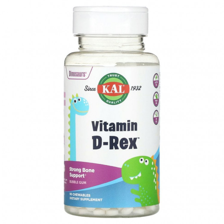 KAL, Dinosaurs, Vitamin D-Rex, витамин D3, со вкусом жевательной резинки, 90 жевательных таблеток