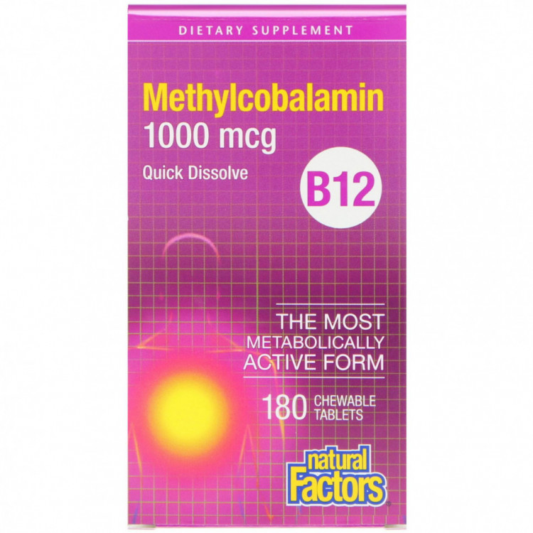 Natural Factors, B12, метилкобаламин, 1000 мкг, 180 жевательных таблеток