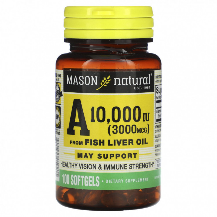 Mason Natural, витамин A из жира печени рыбы, 3000 мкг (10 000 МЕ), 100 капсул