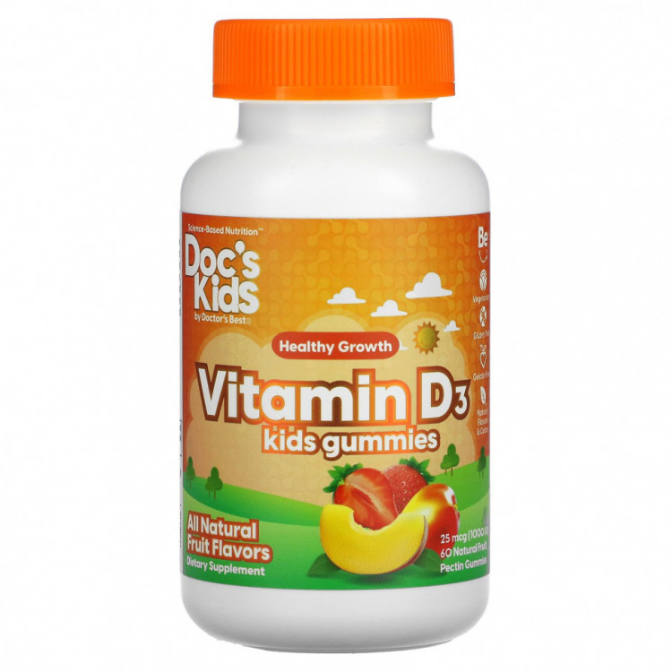 Doctor's Best, Doc's Kids, жевательные таблетки с витамином D3, полностью натуральные фрукты, 25 мкг (1000 МЕ), 60 жевательных таблеток с натуральным фруктовым пектином