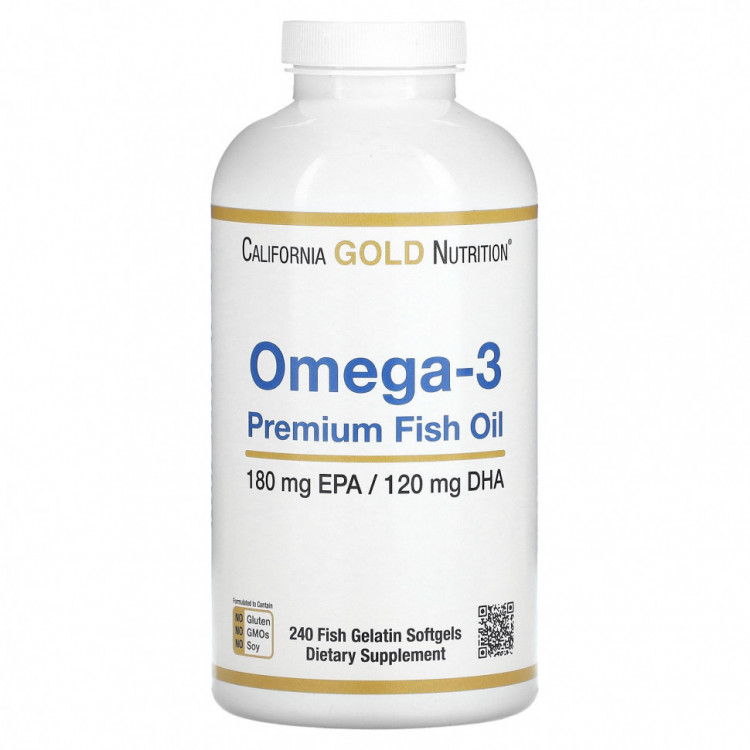California Gold Nutrition, омега-3, рыбий жир премиального качества, 180 мг ЭПК / 120 мг ДГК, 240 капсул из рыбьего желатина