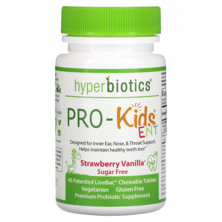 Hyperbiotics, PRO-Kids ENT, пробиотики для детей, без сахара, с клубничным и ванильным вкусом, 45 запатентованных жевательных таблеток LiveBac