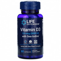 Life Extension, витамин D3 с Sea-Iodine, 125 мкг (5000 МЕ), 60 капсул